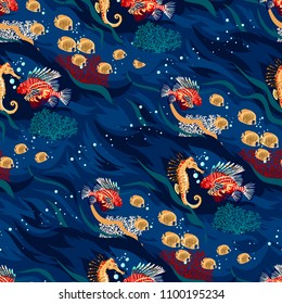 Seamless pattern with animals of the ocean - bright corals and tropical fish
