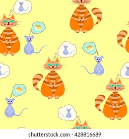 Seamless pattern with animals on a bright yellow background. The ginger cat dreams of mice,and she is about cheese. Vector illustration for children. Can be used for fabric,textile,wrapping paper.