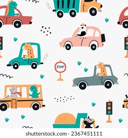 Seamless pattern with animals on cars. Pattern for bedroom, wallpaper, kids and baby wear.