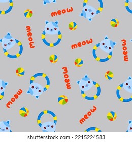 Seamless pattern with animals on a gray background. A pattern with a baby rattle in the form of a cat. Kawaii animals