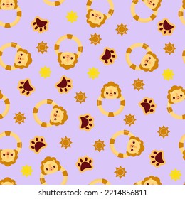 Seamless pattern with animals on a lilac background. A pattern with a baby rattle in the form of a lion. Kawaii animals