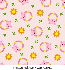 Seamless pattern with animals on a pink background. A pattern with a baby rattle in the form of a pig. Kawaii animals