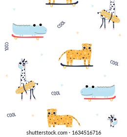 Seamless pattern with animals on a skateboard. Childish cute print. Vector hand drawn illustration.