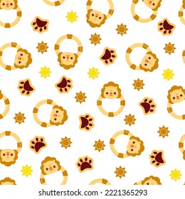 Seamless pattern with animals on a white background. A pattern with a baby rattle in the form of a lion. Kawaii animals