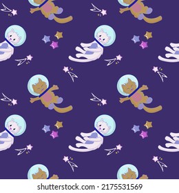 Seamless pattern Animals in open space. Cute cat astronauts comet and stars. Characters exploring universe galaxy. Cartoon vector illustration.