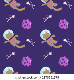 Seamless pattern Animals in open space. Cute cat astronaut, comet and planet. Characters exploring universe galaxy . Cartoon vector illustration.