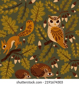 seamless pattern with animals, owl, squirrel and hedgehog in the autumn forest