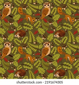 seamless pattern with animals, owl, squirrel and hedgehog in the autumn forest