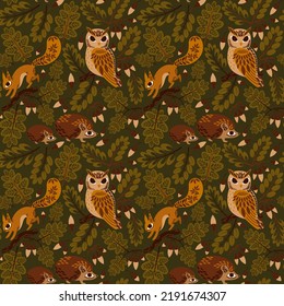 seamless pattern with animals, owl, squirrel and hedgehog in the autumn forest