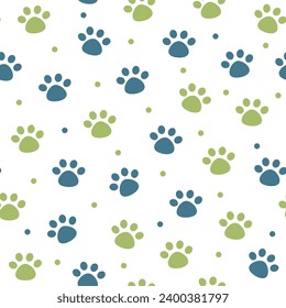 Seamless pattern of animals paw prints on white background. Green and blue colors. Vector