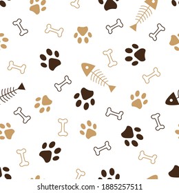 Seamless pattern of animals paws, bones and fish skeleton. Vector illustration on a white background.