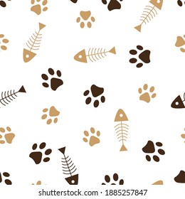 Seamless pattern of animals paws and fish skeleton. Vector illustration on a white background.