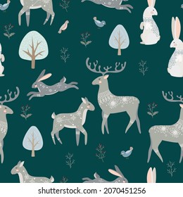 Seamless pattern with Animals and plants in boho or scandinavian style. Christmas items with winter elements and holiday wishes. Winter vector illustration isolated on white background.