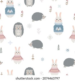 Seamless pattern with Animals and plants in boho or scandinavian style. Christmas items with winter elements and holiday wishes. Winter vector illustration isolated on white background.