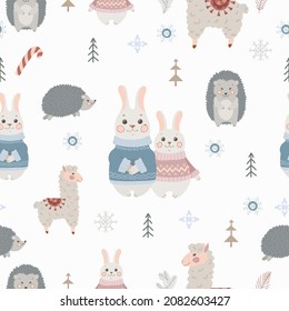 Seamless pattern with Animals and plants in boho or scandinavian style. Christmas items with winter elements and holiday wishes. Winter vector illustration isolated on white background.