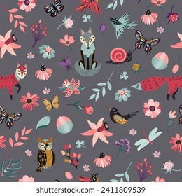 Seamless pattern animals plants for fabric for kids. Isolate on white background, vector.