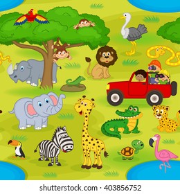 seamless pattern with animals in safari - vector illustration, eps