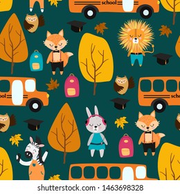 seamless pattern with animals and school bus - vector illustration, eps