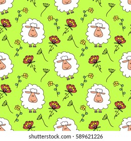 Seamless pattern with animals, sheep and flowers on a green background, children's pattern, background for kids, cartoon  sheep, pattern with animals