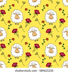 Seamless pattern with animals, sheep and flowers on a yellow background, children's pattern, background for kids, cartoon  sheep, pattern with animals