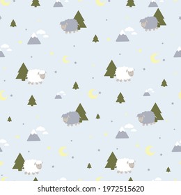 Seamless pattern animals, sheeps, landscape. Flat style