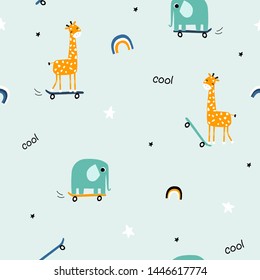 Seamless pattern with animals skate. Kids funny print. Vector hand drawn illustration.