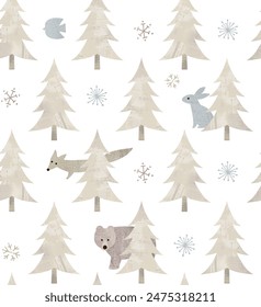 Seamless pattern animals in snow forest watercolor