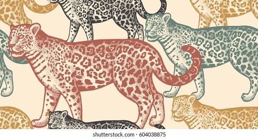 Seamless pattern with animals South America Jaguar. Hand drawing of wildlife. Vector illustration art. Black, white, green, blue and red color. Vintage. Design for fabrics, paper, textiles, fashion.