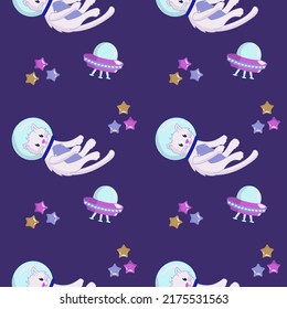 Seamless pattern Animals in space. Cute white cat astronaut, ufo and stars. Characters exploring universe galaxy. Cartoon vector illustration.