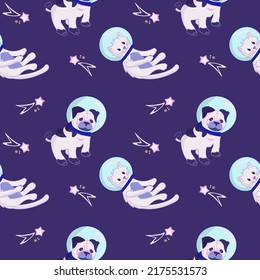 Seamless pattern Animals in space. Cute cat, pug astronauts and comet. Characters exploring universe galaxy. Cartoon vector illustration. Cartoon vector illustration.