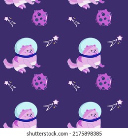 Seamless pattern Animals in space. Cute spitz astronaut planet and comet. Characters exploring universe galaxy. Cartoon vector illustration.