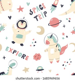 Seamless pattern with animals and space elements rocket, stars, moon, planets, ufo. For decorations greeting cards, prints, baby swatch