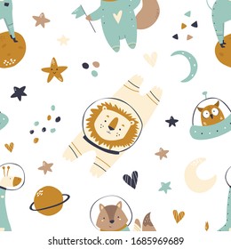 Seamless pattern with animals and space elements rocket, stars, moon, planets, ufo. For decorations greeting cards, prints, baby swatch