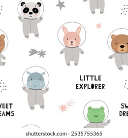 Seamless pattern with animals in spacesuits. Cute astronauts - rabbit, hippo, frog, panda, bear. Vector illustration