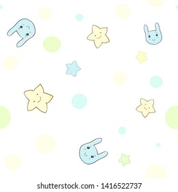 Seamless pattern with animals and stars and other elements in kawaii style. Vector illustration for kids. 