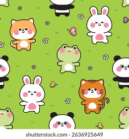 Seamless pattern of animals stay on the flower grass garden background.Shiba inu dog,rabbit,frog,panda bear,cat hand drawn.Kawaii.Vector.Illustration.