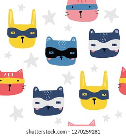 Seamless pattern with animals superheroes. Cute kids print. Vector hand drawn illustration.