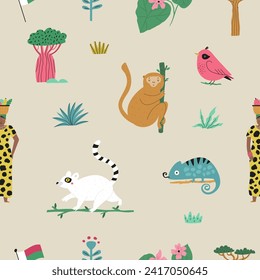 Seamless pattern with animals and symbols of Madagascar island - lemur, baobab tree, chameleon, national flag