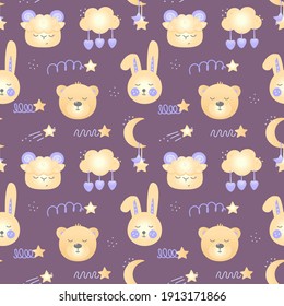 Seamless pattern with animals with their eyes closed. Sleeping head of a hare, bear, ram in purple and yellow pastel colors. Cute vector for kids textiles and design.