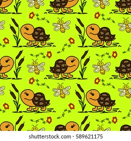 Seamless pattern with animals, turtle and bee on a green background, children's pattern, background for kids, cartoon turtle, pattern with animals