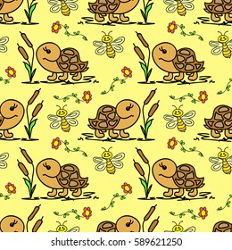 Seamless pattern with animals, turtle and bee on a yellow background, children's pattern, background for kids, cartoon turtle, pattern with animals