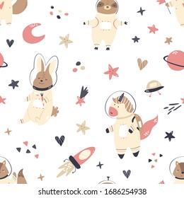 Seamless pattern with animals unicorn, fox, dino, sloth and space elements rocket, stars, moon, planets, ufo. For decorations greeting cards, prints, baby swatch