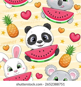 Padrão sem emenda com animais e melancias. Summer Vetor ilustração com panda, coala, coelho branco, melancia, abacaxi, corações e estrelas em um fundo amarelo.