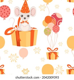 Seamless pattern of animals wearing birthday cone hat and with gifts cartoon animal design vector illustration