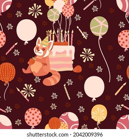 Seamless pattern of animals wearing birthday cone hat and with gifts cartoon animal design vector illustration