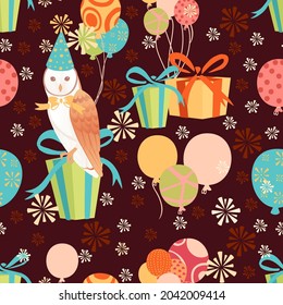 Seamless pattern of animals wearing birthday cone hat and with gifts cartoon animal design vector illustration