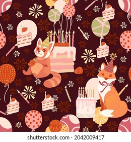 Seamless pattern of animals wearing birthday cone hat and with gifts cartoon animal design vector illustration