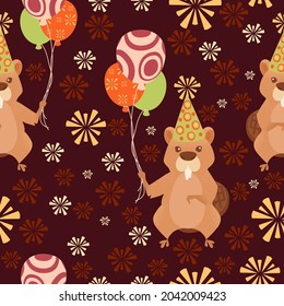 Seamless pattern of animals wearing birthday cone hat and with gifts cartoon animal design vector illustration