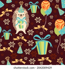 Seamless pattern of animals wearing birthday cone hat and with gifts cartoon animal design vector illustration