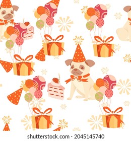 Seamless pattern of animals wearing birthday cone hat and with gifts cartoon animal design vector illustration